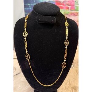 Vintage Gold Tone Monogram Filigree 32 inch Necklace Faux Pearl Long Opera Chain